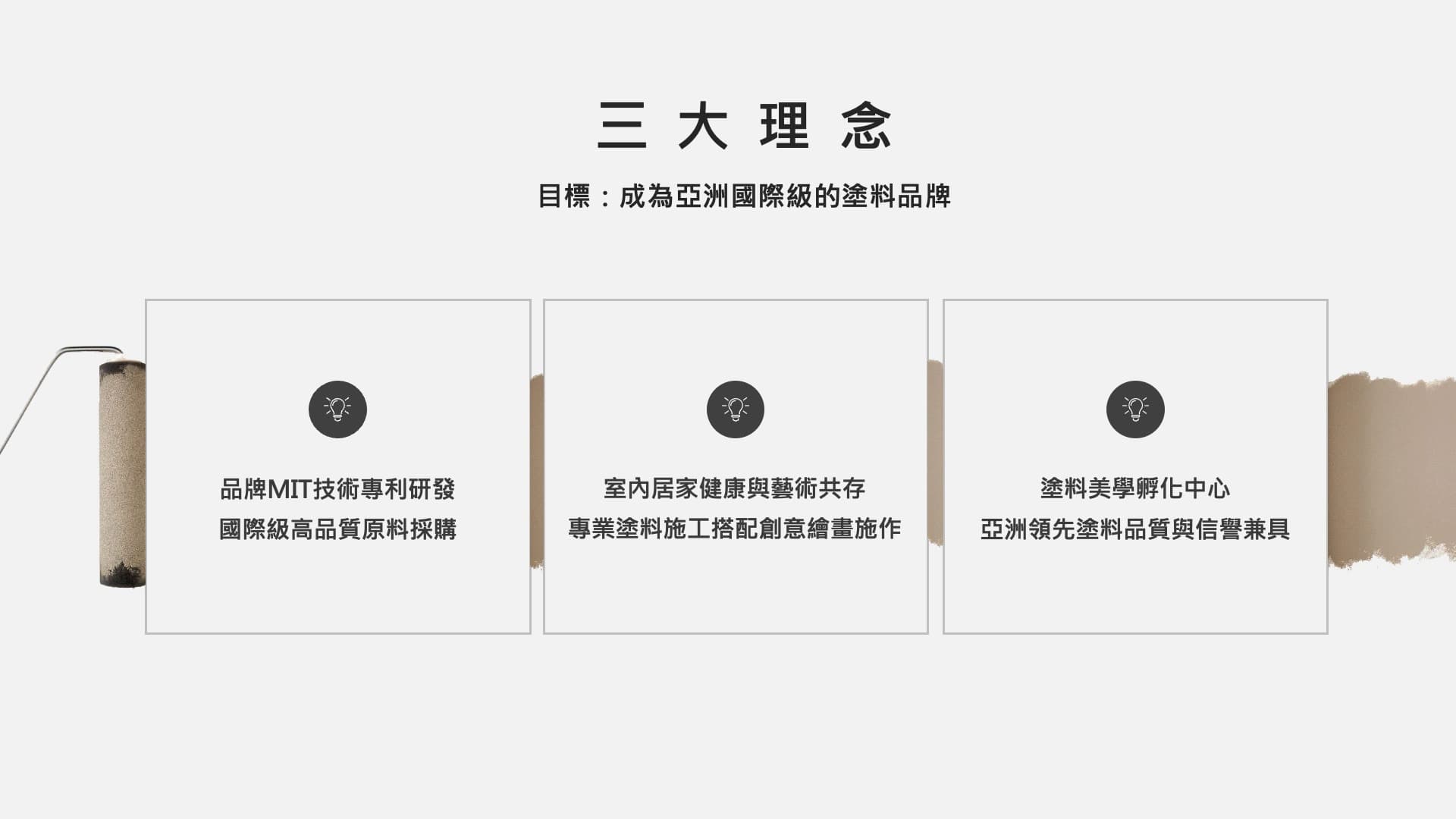 三大理念：目標成為亞洲國際級塗料品牌；品牌 MIT 技術專利與國際級原料採購；室內居家健康與藝術共存、專業塗料與創意繪畫；塗料美學孵化中心與亞洲領先品質與信譽。